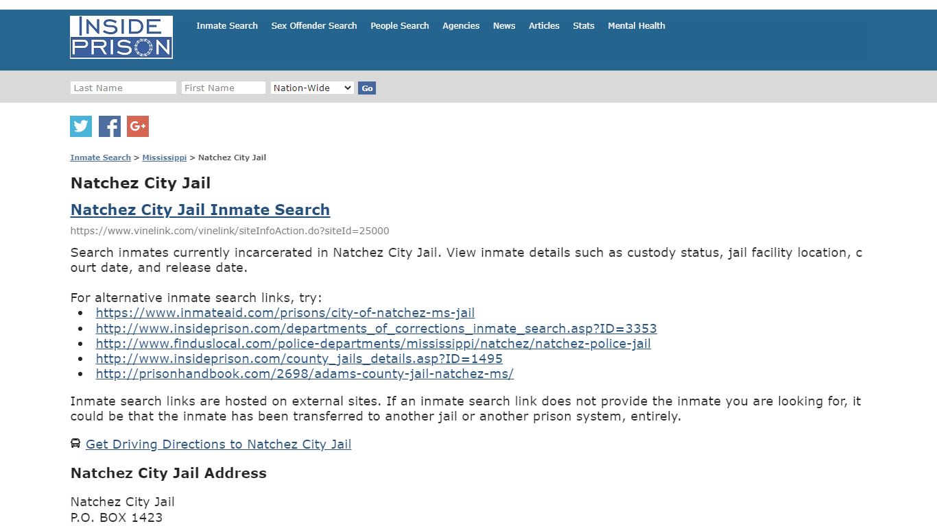 Natchez City Jail - Mississippi - Inmate Search - Inside Prison