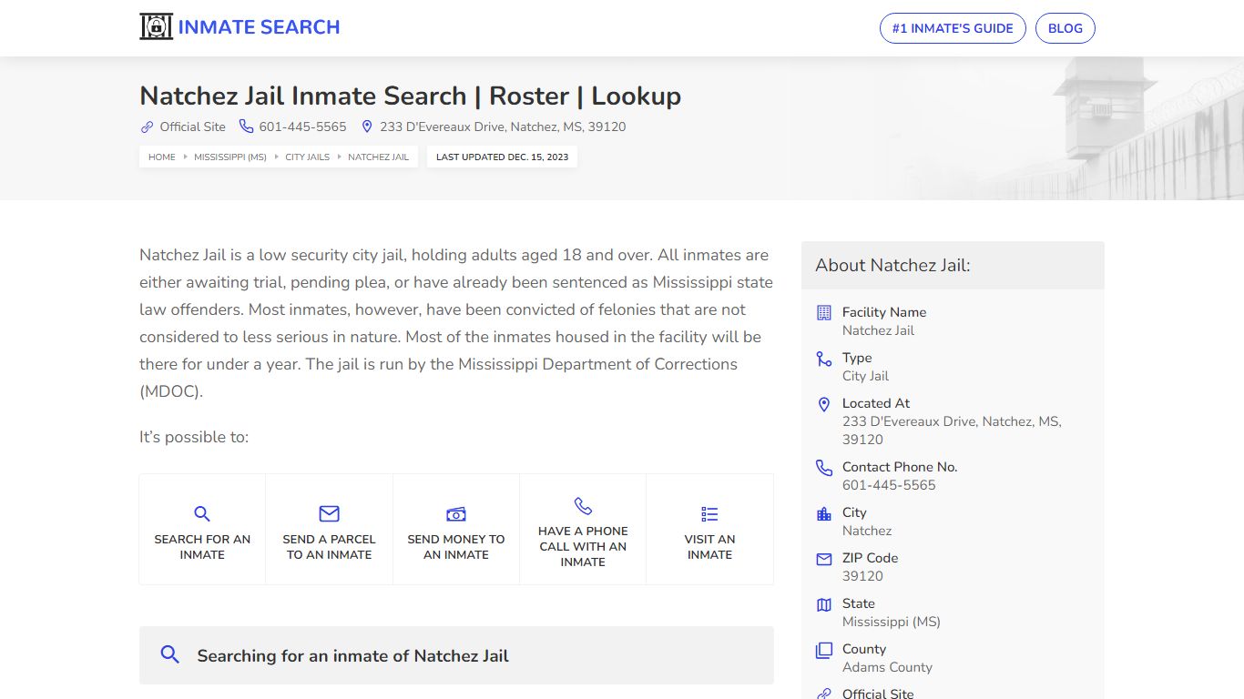 Natchez Jail Inmate Search | Roster | Lookup