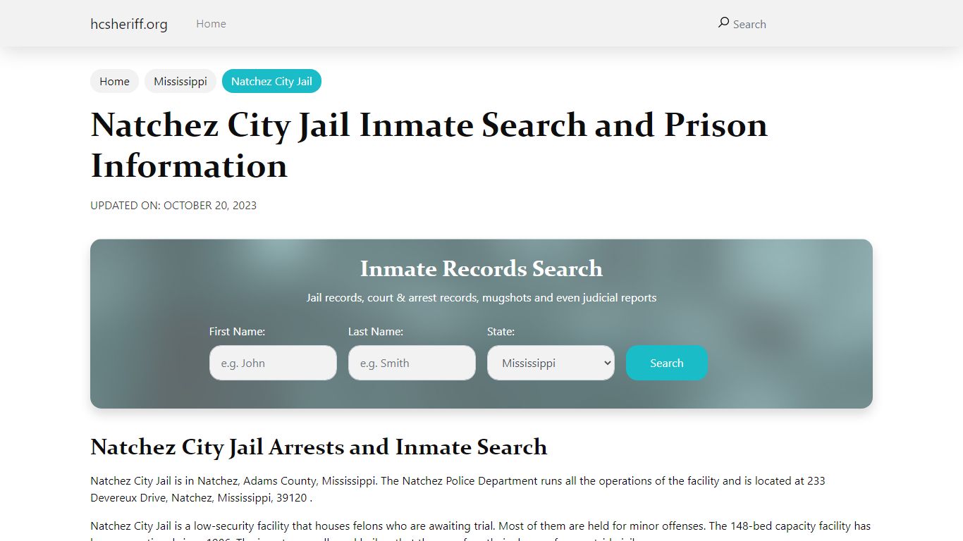 Natchez City Jail Inmate Search, Visitation, Phone no. & Mailing ...